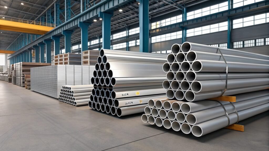 A dynamic collage showing a high-speed train, a modern skyscraper with glass and aluminum, and a piece of heavy industrial machinery with visible forged parts.